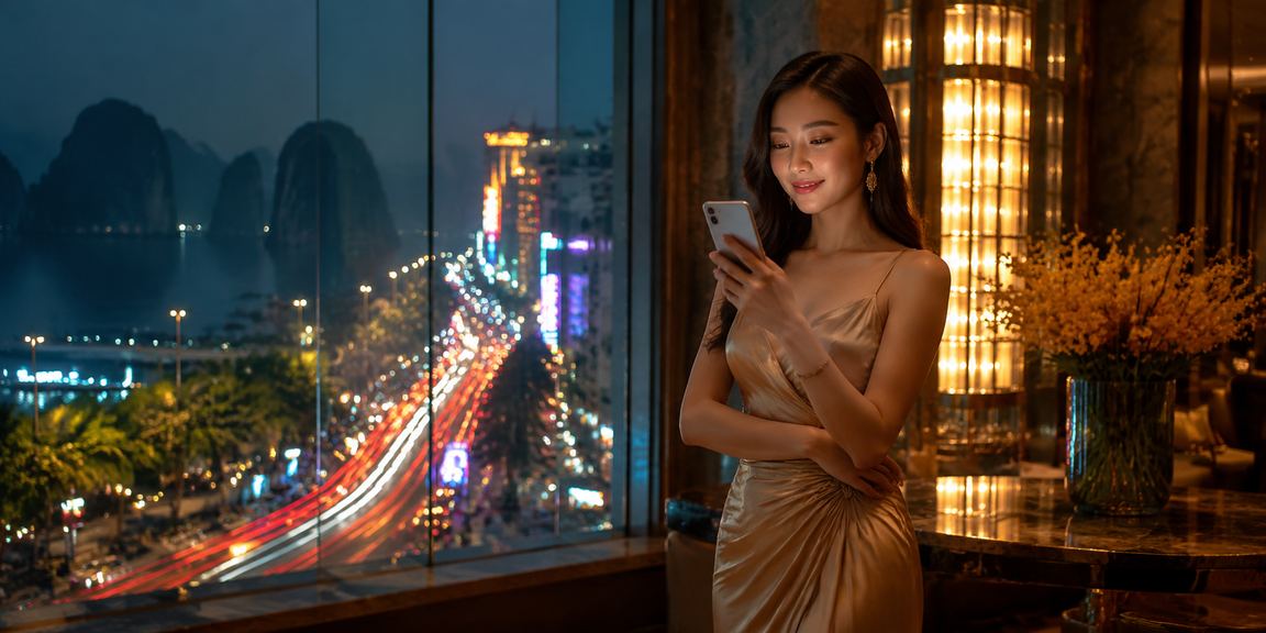 Người chơi trải nghiệm casino trên mobile với ánh đèn neon tại Vịnh Hạ Long